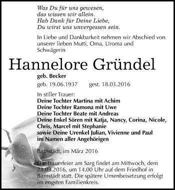 Traueranzeige von Hannelore Gründel von Mitteldeutsche Zeitung Merseburg/Querfurt