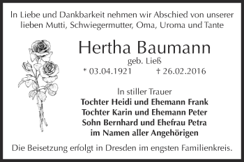 Traueranzeige von Hertha Baumann von WVG - Wochenspiegel Dessau / Köthen