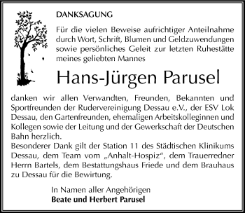 Traueranzeige von Hans-Jürgen Parusel von Mitteldeutsche Zeitung Dessau-Roßlau