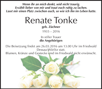 Traueranzeige von Renate Tonke von Mitteldeutsche Zeitung Wittenberg