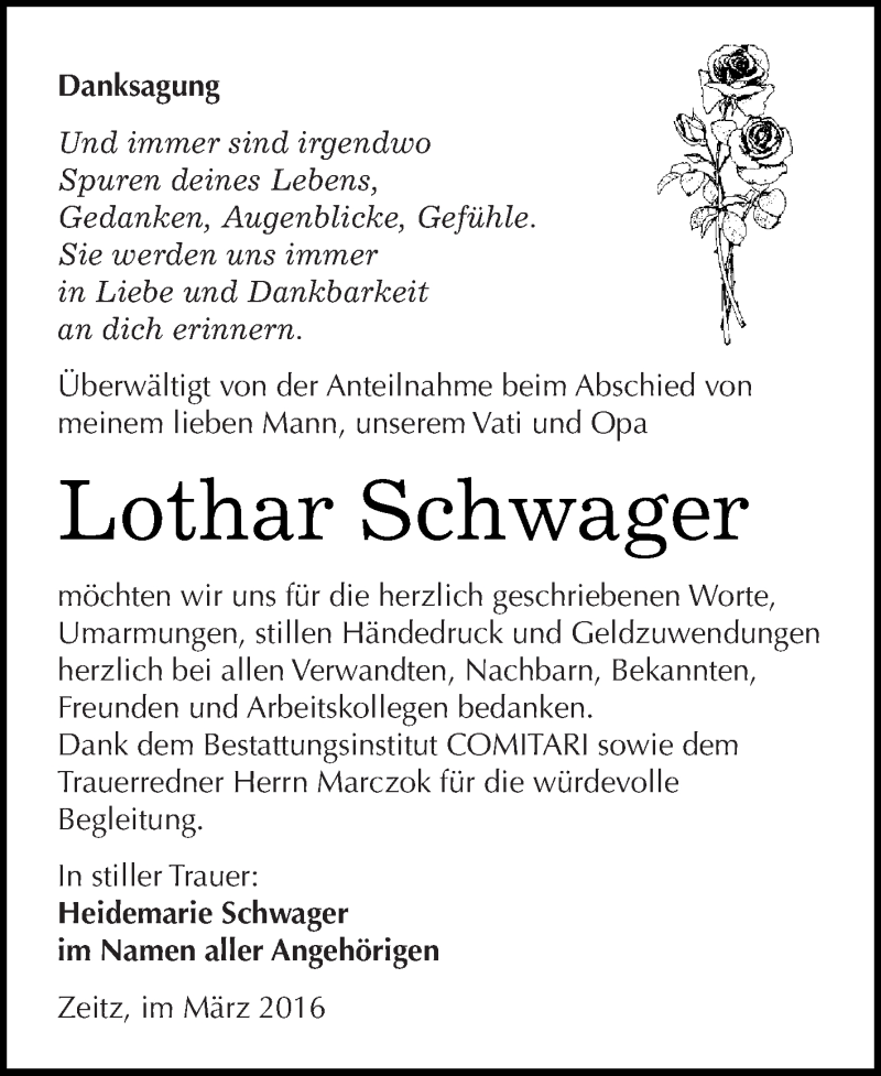  Traueranzeige für Lothar Schwager vom 26.03.2016 aus Super Sonntag Zeitz