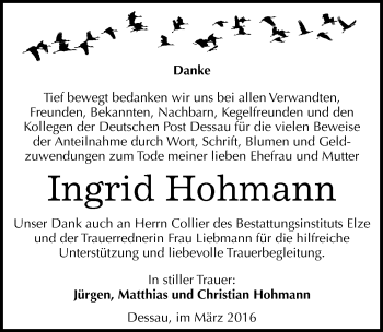 Traueranzeige von Ingrid Hohmann von Mitteldeutsche Zeitung Dessau-Roßlau