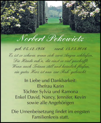 Traueranzeige von Norbert Pokowietz von WVG - Wochenspiegel NMB / WSF / ZTZ