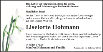 Traueranzeige von Liselotte Hohmann von WVG - Wochenspiegel Quedlinburg