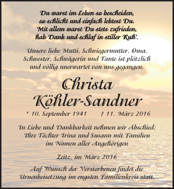 Traueranzeige von Christa Köhler-Sandner von Mitteldeutsche Zeitung Zeitz