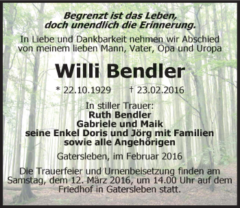 Traueranzeige von Willi Bendler von Mitteldeutsche Zeitung Aschersleben