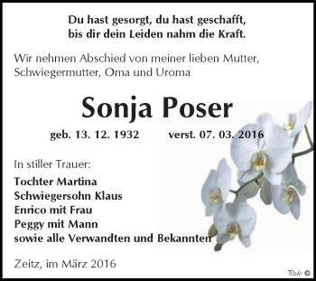 Traueranzeige von Sonja Poser von Super Sonntag Zeitz