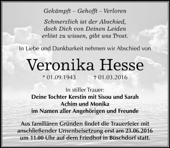 Traueranzeige von Veronika Hesse von Mitteldeutsche Zeitung Halle/Saalkreis