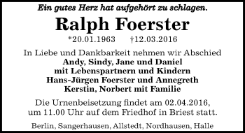 Traueranzeige von Ralph Foerster von Mitteldeutsche Zeitung Sangerhausen