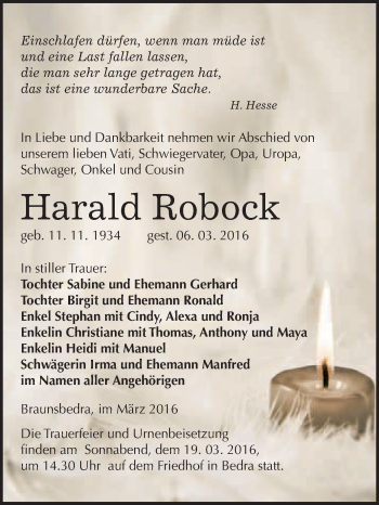 Traueranzeige von Harald Robock von WVG - Wochenspiegel Merseburg