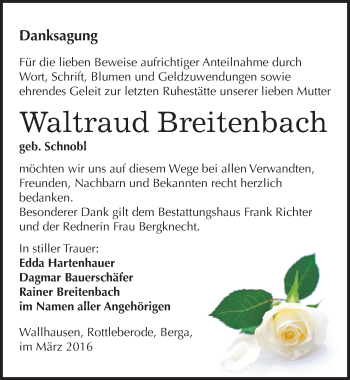 Traueranzeige von Waltraud Breitenbach von Mitteldeutsche Zeitung Sangerhausen