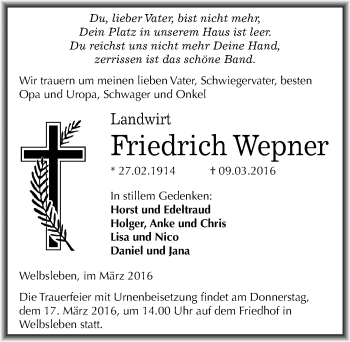 Traueranzeige von Friedrich Wepner von Mitteldeutsche Zeitung Mansfelder Land
