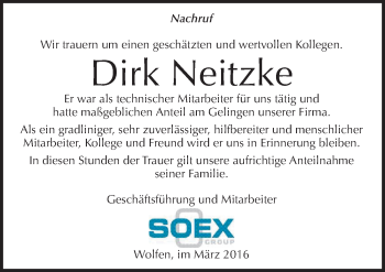 Traueranzeige von Dirk Neitzke von Mitteldeutsche Zeitung Bitterfeld