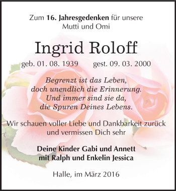 Traueranzeige von Ingrid Roloff von Mitteldeutsche Zeitung Halle/Saalkreis
