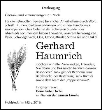Traueranzeige von Gerhard Haumrich von Mitteldeutsche Zeitung Sangerhausen