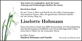 Traueranzeige von Liselotte Hohmann von Mitteldeutsche Zeitung Quedlinburg