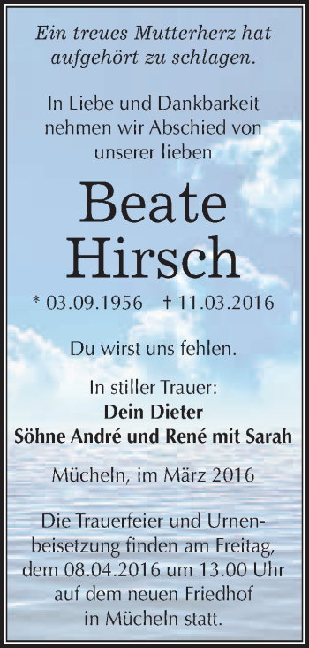 Traueranzeige von Beate Hirsch von WVG - Wochenspiegel Merseburg