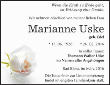 Traueranzeige von Marianne Uske von WVG - Wochenspiegel NMB / WSF / ZTZ