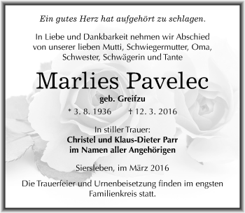 Traueranzeige von Marlies Pavelec von Mitteldeutsche Zeitung Mansfelder Land