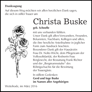 Traueranzeige von Christa Buske von Super Sonntag SGH Mansf. Land
