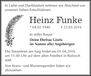 Traueranzeige von Heinz Funke von WVG - Wochenspiegel Bitterfeld