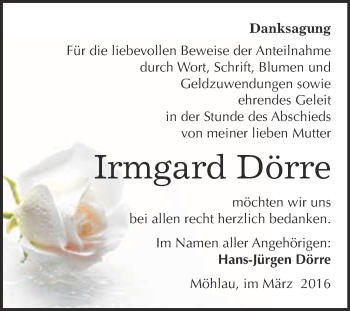 Traueranzeige von Irmgard Dörre von WVG - Wochenspiegel Wittenberg