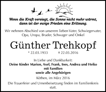 Traueranzeige von Günther Sehkopf von Mitteldeutsche Zeitung Köthen