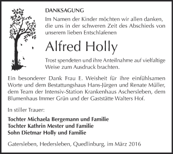 Traueranzeige von Alfred Holly von Super Sonntag Aschersleben