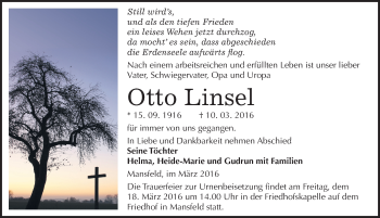Traueranzeige von Otto Linsel von Mitteldeutsche Zeitung Mansfelder Land
