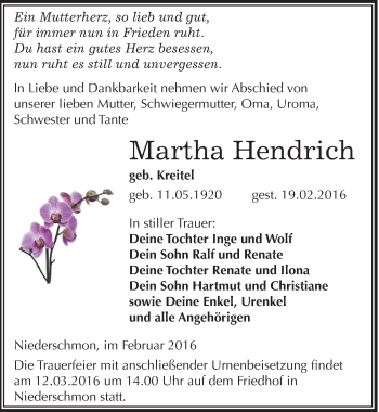 Traueranzeige von Martha Hendrich von Mitteldeutsche Zeitung