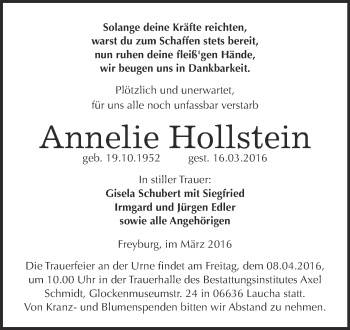 Traueranzeige von Annelie Hollstein von WVG - Wochenspiegel NMB / WSF / ZTZ