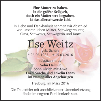 Traueranzeige von Ilse Weitz von WVG - Wochenspiegel NMB / WSF / ZTZ