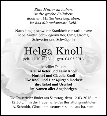 Traueranzeige von Helga Knoll von Mitteldeutsche Zeitung Naumburg/Nebra