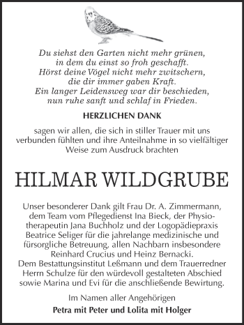 Traueranzeige von Hilmar Wildgrube von Super Sonntag Wittenberg
