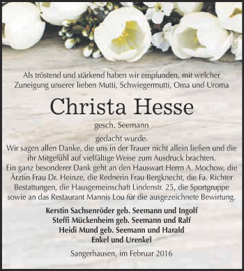 Traueranzeige von Christa Hesse von Super Sonntag SGH Mansf. Land