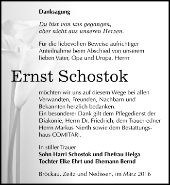 Traueranzeige von Ernst Schostok von Mitteldeutsche Zeitung Zeitz