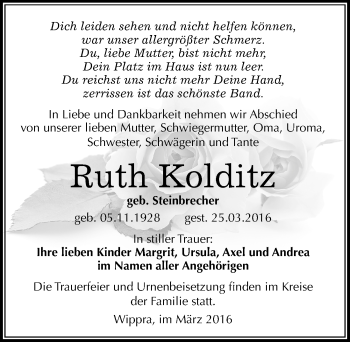 Traueranzeige von Ruth Kolditz von Mitteldeutsche Zeitung Mansfelder Land
