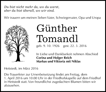 Traueranzeige von Günther Tomandl von Mitteldeutsche Zeitung Mansfelder Land