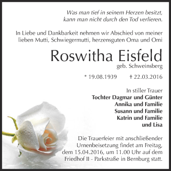 Traueranzeige von Roswitha Eisfeld von Super Sonntag Bernburg