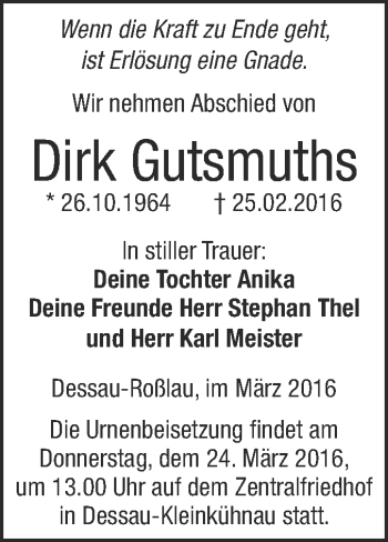Traueranzeige von Dirk Gutsmuths von WVG - Wochenspiegel Dessau / Köthen