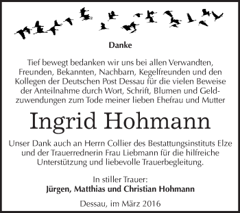 Traueranzeige von Ingrid Hohmann von WVG - Wochenspiegel Dessau / Köthen