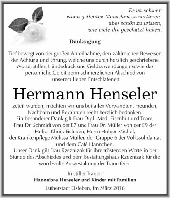Traueranzeige von Hermann Henseler von Super Sonntag SGH Mansf. Land