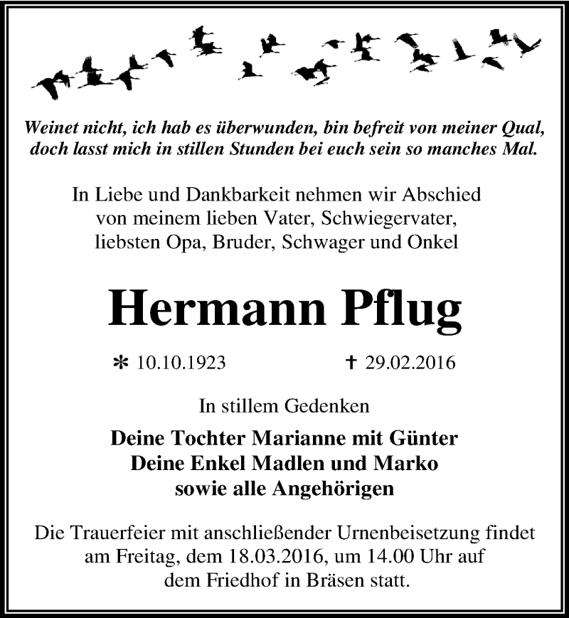  Traueranzeige für Hermann Pflug vom 05.03.2016 aus Mitteldeutsche Zeitung Dessau-Roßlau