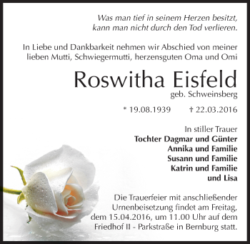 Traueranzeige von Roswitha Eisfeld von Mitteldeutsche Zeitung Bernburg