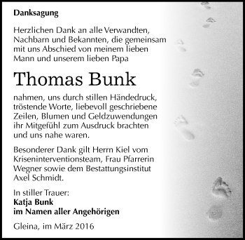 Traueranzeige von Thomas Bunk von Mitteldeutsche Zeitung Naumburg/Nebra