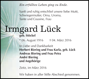 Traueranzeige von Irmgard Lück von Super Sonntag Zeitz