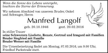 Traueranzeige von Manfred Langolf von Mitteldeutsche Zeitung Bernburg