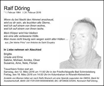 Traueranzeige von Ralf Döring von WVG - Wochenspiegel Wittenberg
