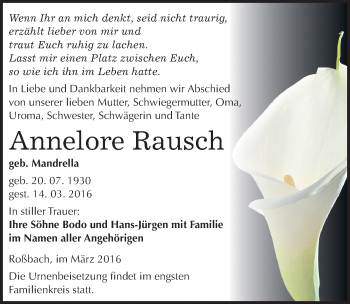 Traueranzeige von Annelore Rausch von Mitteldeutsche Zeitung Merseburg/Querfurt