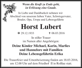 Traueranzeige von Horst Lubert von WVG - Wochenspiegel Dessau / Köthen